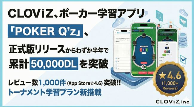 CLOViZ、ポーカー学習アプリ『POKER Q’z』、正式版リリースからわずか半年で累計50,000DLを突破 のサムネイル